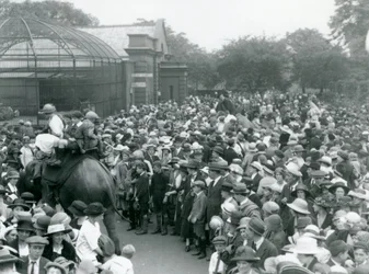 Menschenmengen beobachten eine Elefantenfahrt im Londoner Zoo, August Bankfeiertag, 1922